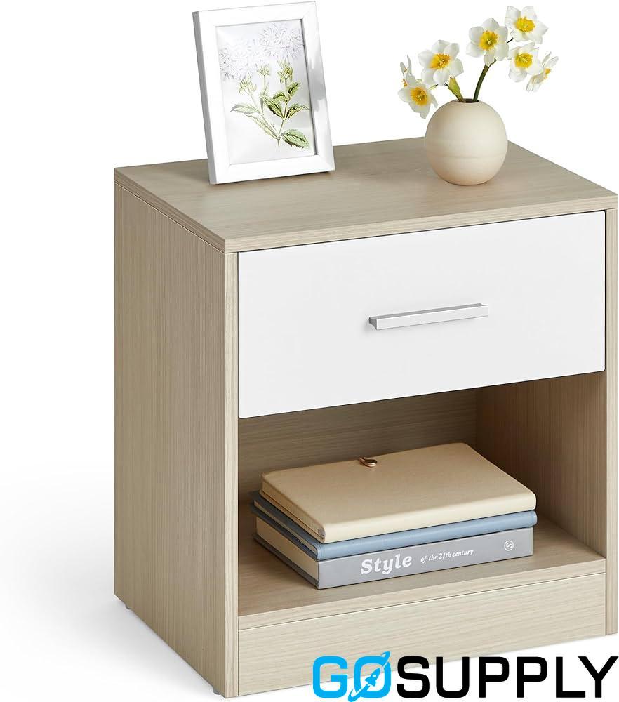 VASAGLE Bedside Table with Drawer Handle Open Classic White - Main Image